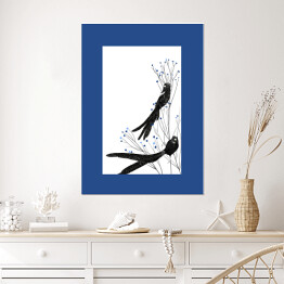 Plakat Widowbird - dwa czarne ptaki na gałęziach na białym tle - ilustracja