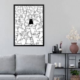 Obraz w ramie Czarny kot wśród białych kotów - ilustracja 