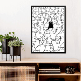 Obraz w ramie Czarny kot wśród białych kotów - ilustracja 