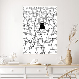 Plakat samoprzylepny Czarny kot wśród białych kotów - ilustracja 