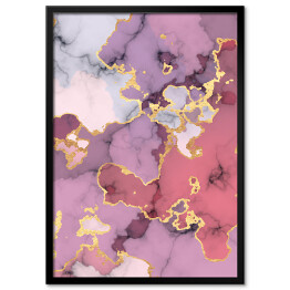Plakat w ramie Marmur w odcieniach fioletu i różu z akcentami w kolorze złota