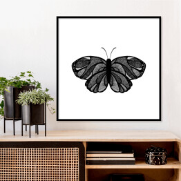 Plakat w ramie Czarny motyl z szarymi elementami na białym tle