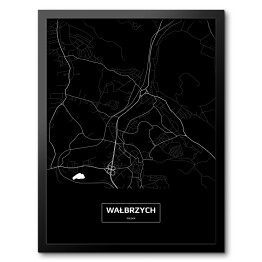Obraz w ramie Mapa Wałbrzycha czarno-biała z napisem na czarnym tle