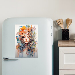 Magnes dekoracyjny Portret kobiety. Kolorowe kwiaty we włosach