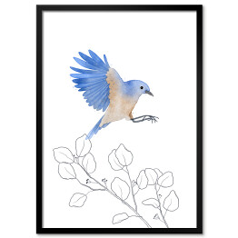 Plakat w ramie Gałęzie drzew i niebiesko beżowy ptak w locie