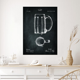 Plakat Rysunek patentowy kufel. Szklanka na piwo. Czarno biały plakat z napisem Beer Mug