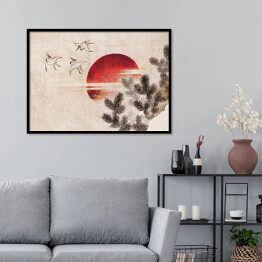 Plakat w ramie Ptaki i zachód słońca. Hokusai Katsushika. Reprodukcja