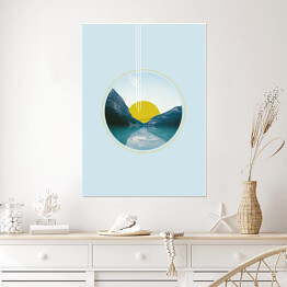 Plakat Geometria i natura - zachód słońca nad jeziorem w górach